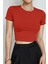 Kadın Kırmızı Bisiklet Yaka Likralı Kısa Kol Body Crop Bluz 1