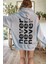 Kadın Gri Never Baskılı Kapüşonlu 3 Üç Iplik Polar Kanguru Cepli Oversize Sweatshirt Hoodie 1