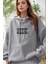 Kadın Gri Never Baskılı Kapüşonlu 3 Üç Iplik Polar Kanguru Cepli Oversize Sweatshirt Hoodie 2