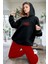 Kadın Siyah Never Baskılı Kapüşonlu 3 Üç Iplik Polar Kanguru Cepli Oversize Sweatshirt Hoodie 2