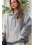 Kadın Gri Düz Kapüşonlu Oversize 3 Iplik Şardonlu Salaş Bol Kesim Hoodie Sweatshirt 3