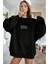 Kadın Siyah Mythical Baskılı Kalın Soft 3 Iplik Içi Şardonlu 0 Sıfır Yaka Oversize Salaş Sweatshirt 2