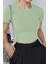 Kadın Su Yeşil Bisiklet Yaka Likralı Kısa Kol Body Crop Bluz 1