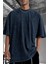 Erkek Lacivert Oversize Asit Yıkamalı Eskitme Efektli Boyalı T-Shirt 1