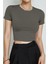 Kadın Haki Yeşili Bisiklet Yaka Likralı Kısa Kol Body Crop Bluz 2