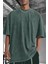 Erkek Petrol Yeşili Oversize Asit Yıkamalı Eskitme Efektli Boyalı T-Shirt 1