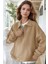 Kadın Camel Yarım Fermuar Polo Yaka 3 Iplik Içi Polarlı Şardonlu Oversize Sweatshirt 3