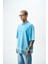 Erkek Hell Baskılı Yıkamalı Oversize T-Shirt Mavi 2
