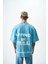 Erkek Hell Baskılı Yıkamalı Oversize T-Shirt Mavi 3