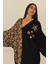 Siyah Leopar Desen Renk Bloklu Yıldız Aplike Nakışlı Cepli Oversize Uzun Elbise 3