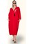 Kırmızı V Yaka Tüy Nakışlı Boncuklu Cepli Oversize Uzun Elbise 2