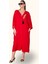 Kırmızı V Yaka Tüy Nakışlı Boncuklu Cepli Oversize Uzun Elbise 4