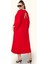 Kırmızı V Yaka Tüy Nakışlı Boncuklu Cepli Oversize Uzun Elbise 5