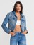65366 Fleto Cepli Crop Denim Ceket-Mavi 1