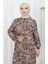 Viskon Kumaş Kolu Lastikli Desenli Elbise 2036-04 Kahverengi 3