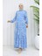 Viskon Kumaş Kolu Lastikli Desenli Elbise 2036-01 Mavi 1