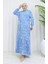 Viskon Kumaş Kolu Lastikli Desenli Elbise 2036-01 Mavi 2