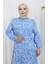 Viskon Kumaş Kolu Lastikli Desenli Elbise 2036-01 Mavi 3