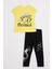 Kısa Kol Yazı Baskılı Açık Sarı Renk Kız Çocuk Taytlı Takım 1
