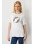 Kadın Sıfır Yaka Önü Taş Baskılı Penye T-Shirt Ekru 1