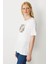 Kadın Sıfır Yaka Önü Taş Baskılı Penye T-Shirt Ekru 4