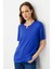 Kadın Açma Yaka Nakış Işlemeli T-Shirt Saks 1