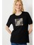 Kadın Sıfır Yaka Önü Taş Baskılı Penye T-Shirt Siyah 1