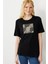 Kadın Sıfır Yaka Önü Taş Baskılı Penye T-Shirt Siyah 2