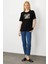 Kadın Sıfır Yaka Önü Taş Baskılı Penye T-Shirt Siyah 5