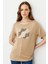 Kadın Sıfır Yaka Önü Taş Baskılı Penye T-Shirt Vizon 1