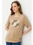 Kadın Sıfır Yaka Önü Taş Baskılı Penye T-Shirt Vizon 3