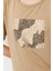 Kadın Sıfır Yaka Önü Taş Baskılı Penye T-Shirt Vizon 5
