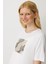 Kadın Sıfır Yaka Önü Taş Baskılı Penye T-Shirt Ekru 2