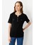 Kadın Açma Yaka Önü Cepli Pamuklu T-Shirt Siyah 1