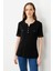 Kadın Açma Yaka Önü Cepli Pamuklu T-Shirt Siyah 2
