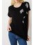 Kadın Sıfır Yaka Omzu Taşlı Penye T-Shirt Siyah 4