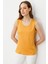 Kadın Sıfır Yaka Flamlı Kumaş Basic Askılı Tshirt Hardal 1
