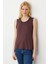 Kadın Sıfır Yaka Flamlı Kumaş Basic Askılı Tshirt Kahve 1