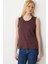 Kadın Sıfır Yaka Flamlı Kumaş Basic Askılı Tshirt Kahve 4