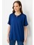Kadın Açma Yaka Dantel Çiçek Işlemeli Penye T-Shirt Indigo 3