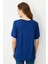 Kadın Açma Yaka Dantel Çiçek Işlemeli Penye T-Shirt Indigo 5