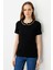 Kadın Yakası Işlemeli Kaşkorse Pamuk T-Shirt Siyah 2