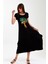 Kadın Siyah Yuvarlak Yaka Kısa Kollu Ağaç Nakışlı Püsküllü Uzun Elbise 2