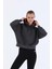 Oversize Kadın Kapşonlu Uzun Kol Siyah Melanj Sweatshirt 20335 1