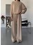 TKM-1103 Taş Rengi Oysh Kumaş Crop Salaş Bluz Bel Lastikli Palazzo Alt Ikili Takım 3