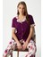 Kadın Andra Mürdüm Çiçek Desen Ön Düğmeli Kısa Kol Alt Üst Pijama Takımı 5