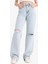 Straight Wide Yırtık Detaylı Yüksek Bel Uzun Jean Yıkamalı Pantolon E8016AX25SM 1