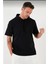 Kapşonlu Kısa Kol Düz Oversize T-Shirt - Siyah 2