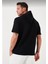 Kapşonlu Kısa Kol Düz Oversize T-Shirt - Siyah 3