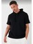 Kapşonlu Kısa Kol Düz Oversize T-Shirt - Siyah 4